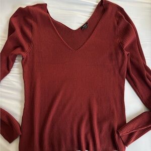 Express Burgundy Ribbed Long Sleeve V-Neck Top